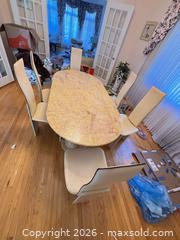 MaxSold Auction: Oval Marble-Top Dining Table with 6 Leather & Wood Chairs, Cream/Pink - Mississauga (Ontario, Canada) SELLER MANAGED Estate Sale Online Auction - Robinwood Court