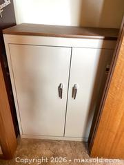 MaxSold Auction: Small Beige Metal Storage Cabinet with Wood Veneer Top - Denver (Colorado, USA) PARTNER MANAGED Estate Sale Online Auction - Fenton Street