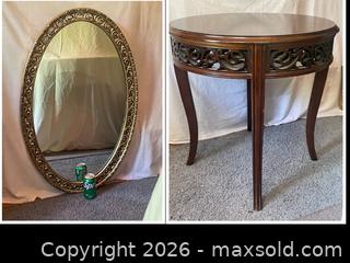 MaxSold Auction: Antique-Style HEAVY Gilded Mirror & Round Wood Side Table - Buford (Georgia, USA) SELLER MANAGED Downsizing Online Auction - Commerce Drive (STORAGE)