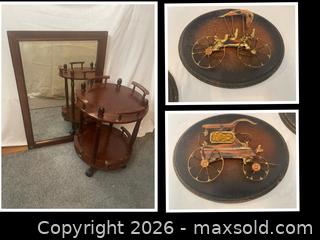 MaxSold Auction: Mid-Century Two-Tier Tea Cart with Large Framed Mirror & Oval Plaques - Buford (Georgia, USA) SELLER MANAGED Downsizing Online Auction - Commerce Drive (STORAGE)