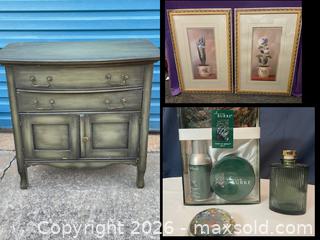 MaxSold Auction: Mixed Home Decor Lot: Cabinet, Framed Prints, Glass Decanter, Paperweight - Buford (Georgia, USA) SELLER MANAGED Downsizing Online Auction - Commerce Drive (STORAGE)