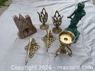 MaxSold Auction: Pair Brass Wall Sconces, Tripod Holder, Carved Stone Clock & Figurine - Buford (Georgia, USA) SELLER MANAGED Downsizing Online Auction - Commerce Drive (STORAGE)