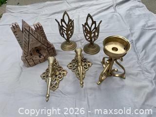 MaxSold Auction: Pair Brass Wall Sconces, Tripod Holder, Carved Stone Clock & Figurine - Buford (Georgia, USA) SELLER MANAGED Downsizing Online Auction - Commerce Drive (STORAGE)