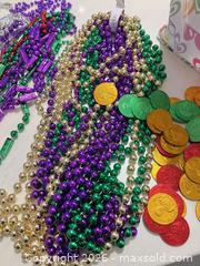 MaxSold Auction: Mardi Gras Beads & Plastic Coins Assortment with Storage Bag - Hamilton (Ontario, Canada) SELLER MANAGED Downsizing Online Auction - Bobalink Road.