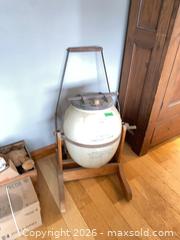 MaxSold Auction: Eureka Stoneware Butter Churn with Wooden Stand & Crank D - Oro-Medonte (Ontario, Canada) Downsizing Online Auction - Ridge Road East