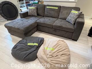 MaxSold Auction: Sectional Sofabed - With Storage. Comes with two bean bag chairs and pillows.  - Oakville (Ontario, Canada) SELLER MANAGED Moving Online Auction - Hayhurst Crescent