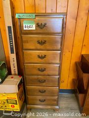 MaxSold Auction: Vintage Wood Highboy Lingerie Dresser with Brass Pulls - Burnaby (British Columbia, Canada) PARTNER MANAGED Estate Sale Online Auction - Neville Street