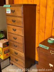 MaxSold Auction: Vintage Wood Highboy Lingerie Dresser with Brass Pulls - Burnaby (British Columbia, Canada) PARTNER MANAGED Estate Sale Online Auction - Neville Street