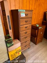 MaxSold Auction: Vintage Wood Highboy Lingerie Dresser with Brass Pulls - Burnaby (British Columbia, Canada) PARTNER MANAGED Estate Sale Online Auction - Neville Street