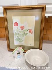 MaxSold Auction: Framed Signed Botanical Print with Ceramic Bowl & Hallmark Countdown - Bakersfield (California, USA) PARTNER MANAGED Moving Online Auction - Grecian Laurel Drive