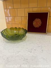 MaxSold Auction: Vintage Green Glass Bowl and Framed Textile Art - Bakersfield (California, USA) PARTNER MANAGED Moving Online Auction - Grecian Laurel Drive