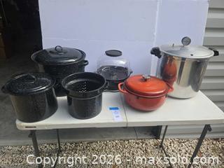 MaxSold Auction: Cookware lot: enamel canners, Lodge Dutch oven, Presto popper, pressure canner - Lakeland (Florida, USA) PARTNER MANAGED Downsizing Online Auction - Shore Acres Drive