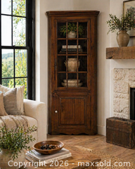 MaxSold Auction:  Keyed Rustic Corner Cabinet Solid Wood Glass Door  - Burlington (Ontario, Canada) SELLER MANAGED Estate Sale Online Auction - Enfield Road Burlington