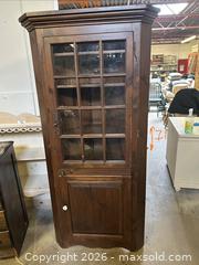 MaxSold Auction:  Keyed Rustic Corner Cabinet Solid Wood Glass Door  - Burlington (Ontario, Canada) SELLER MANAGED Estate Sale Online Auction - Enfield Road Burlington