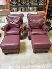 MaxSold Auction: Pair of Burgundy Leather Armchairs with Ottoman – Down-Filled Cushions - Burlington (Ontario, Canada) SELLER MANAGED Estate Sale Online Auction - Enfield Road Burlington