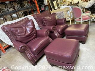 MaxSold Auction: Pair of Burgundy Leather Armchairs with Ottoman – Down-Filled Cushions - Burlington (Ontario, Canada) SELLER MANAGED Estate Sale Online Auction - Enfield Road Burlington