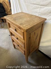 MaxSold Auction: Rustic Solid Pine Mexican Side Table 3 Drawer side table Hecho en Mexico Farmhouse - Burlington (Ontario, Canada) SELLER MANAGED Estate Sale Online Auction - Enfield Road Burlington