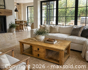 MaxSold Auction: Rustic Solid Wood Coffee Table with Drawers & Storage Farmhouse Vintage Tile Inlay Top - Burlington (Ontario, Canada) SELLER MANAGED Estate Sale Online Auction - Enfield Road Burlington