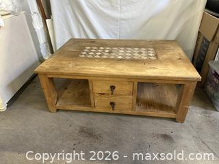 MaxSold Auction: Rustic Solid Wood Coffee Table with Drawers & Storage Farmhouse Vintage Tile Inlay Top - Burlington (Ontario, Canada) SELLER MANAGED Estate Sale Online Auction - Enfield Road Burlington