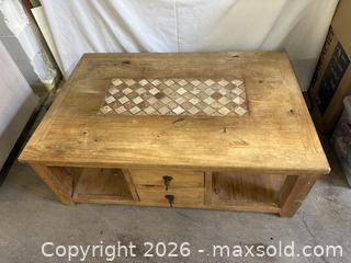 MaxSold Auction: Rustic Solid Wood Coffee Table with Drawers & Storage Farmhouse Vintage Tile Inlay Top - Burlington (Ontario, Canada) SELLER MANAGED Estate Sale Online Auction - Enfield Road Burlington
