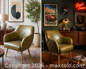 MaxSold Auction: Vintage Green Leather Accent Chair Mid Century Style Wood Legs Lounge Chair - Burlington (Ontario, Canada) SELLER MANAGED Estate Sale Online Auction - Enfield Road Burlington