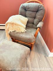 MaxSold Auction: Brown Microfiber Glider Chair with Ottoman, Honey Wood Frame - London (Ontario, Canada) PARTNER MANAGED Moving Online Auction - Manchester Road