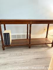 MaxSold Auction: Brown Wood and Rattan Console (Sofa) Table with Glass Top - London (Ontario, Canada) PARTNER MANAGED Moving Online Auction - Manchester Road