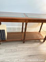 MaxSold Auction: Brown Wood and Rattan Console (Sofa) Table with Glass Top - London (Ontario, Canada) PARTNER MANAGED Moving Online Auction - Manchester Road