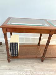 MaxSold Auction: Brown Wood and Rattan Console (Sofa) Table with Glass Top - London (Ontario, Canada) PARTNER MANAGED Moving Online Auction - Manchester Road