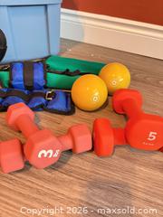 MaxSold Auction: Mixed Free Weights Set with Storage Bin, Dumbbells & Kettlebell - London (Ontario, Canada) PARTNER MANAGED Moving Online Auction - Manchester Road