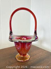 MaxSold Auction: Small Red and Amber Carnival Glass Basket, Hobstar Peacock Pattern - London (Ontario, Canada) PARTNER MANAGED Moving Online Auction - Manchester Road