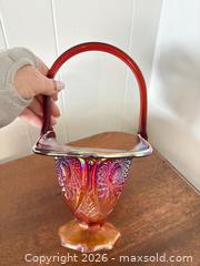 MaxSold Auction: Small Red and Amber Carnival Glass Basket, Hobstar Peacock Pattern - London (Ontario, Canada) PARTNER MANAGED Moving Online Auction - Manchester Road