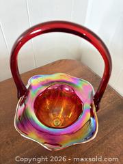 MaxSold Auction: Small Red and Amber Carnival Glass Basket, Hobstar Peacock Pattern - London (Ontario, Canada) PARTNER MANAGED Moving Online Auction - Manchester Road