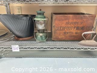 MaxSold Auction: Antique/Vintage Lot: Lantern, Sad Iron, Coal Scuttle & Wooden Crate - Warwick (Rhode Island, USA) SELLER MANAGED Reseller Online Auction - Warwick Avenue