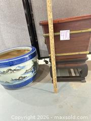 MaxSold Auction: Asian Antique Blue & White Ceramic Planter with Wood Stand - Warwick (Rhode Island, USA) SELLER MANAGED Reseller Online Auction - Warwick Avenue