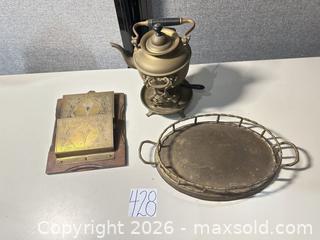 MaxSold Auction: Brass Tea Kettle/Samovar with Stand, Brass Tray & Wall Letter Holder - Warwick (Rhode Island, USA) SELLER MANAGED Reseller Online Auction - Warwick Avenue