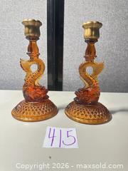 MaxSold Auction: Pair of Vintage Amber Pressed Glass Candlesticks Koi Fish themed.  - Warwick (Rhode Island, USA) SELLER MANAGED Reseller Online Auction - Warwick Avenue