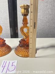 MaxSold Auction: Pair of Vintage Amber Pressed Glass Candlesticks Koi Fish themed.  - Warwick (Rhode Island, USA) SELLER MANAGED Reseller Online Auction - Warwick Avenue