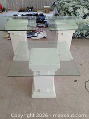 MaxSold Auction: Two Tall + One Short Glass Top Pedestal End Tables - Greece (New York, USA) PARTNER MANAGED Estate Sale Online Auction - Candy Lane