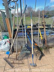 MaxSold Auction: Assorted Garden Tools: Leaf Rakes, Pitchfork, Hoe & Cultivator B - Lombardy (Ontario, Canada) Estate Sale Online Auction - Berry Park Lane
