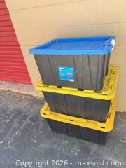 MaxSold Auction: HART Plastic Storage Totes/Bins, Set of 3, 30-36 in - Decatur (Georgia, USA) SELLER MANAGED Reseller Online Auction - North Druid Hills Road (STORAGE)
