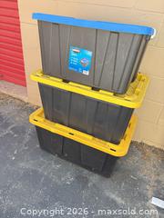 MaxSold Auction: HART Plastic Storage Totes/Bins, Set of 3, 30-36 in - Decatur (Georgia, USA) SELLER MANAGED Reseller Online Auction - North Druid Hills Road (STORAGE)