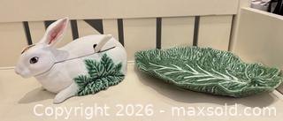 MaxSold Auction: Ceramic Rabbit Covered Dish & Cabbage Leaf Plate – Majolica Style Serveware Set - Toronto (Ontario, Canada) SELLER MANAGED Moving Online Auction - Howard Park Avenue