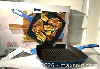 MaxSold Auction: Kuhn Rikon Cast Iron Grill Pan – 26cm/10.25”, Blue Enamel, Swiss Design, In Box - Toronto (Ontario, Canada) SELLER MANAGED Moving Online Auction - Howard Park Avenue