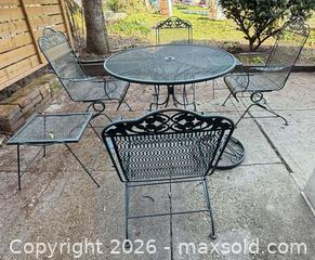 MaxSold Auction: Vintage Wrought Iron Patio Set – Table, 4 Chairs, 2 Side Tables & Umbrella Stand - Toronto (Ontario, Canada) SELLER MANAGED Moving Online Auction - Howard Park Avenue