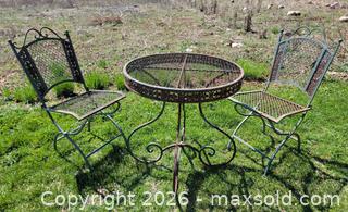 MaxSold Auction: Vintage Ornate Wrought Iron Outdoor Bistro Table & Folding Chairs (2) - East Cocalico Township (Pennsylvania, USA) SELLER MANAGED Downsizing Online Auction - Stevens Road