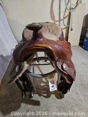 MaxSold Auction: 14" Brown Leather Western Saddle with Floral Tooling - Elizabethtown-Kitley (Ontario, Canada) PARTNER MANAGED Estate Sale Online Auction - Rocksprings Road