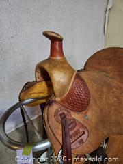 MaxSold Auction: Blue River Saddlery 16" Western Saddle Brown/Tan Tooled Leather - Elizabethtown-Kitley (Ontario, Canada) PARTNER MANAGED Estate Sale Online Auction - Rocksprings Road