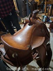 MaxSold Auction: Brown Leather Western Saddle 14in Seat with Stirrups & Girth - Elizabethtown-Kitley (Ontario, Canada) PARTNER MANAGED Estate Sale Online Auction - Rocksprings Road
