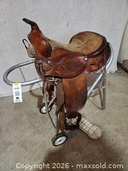 MaxSold Auction: Brown/Tan Leather & Suede Western Saddle, 14 in, Tooled Floral - Elizabethtown-Kitley (Ontario, Canada) PARTNER MANAGED Estate Sale Online Auction - Rocksprings Road